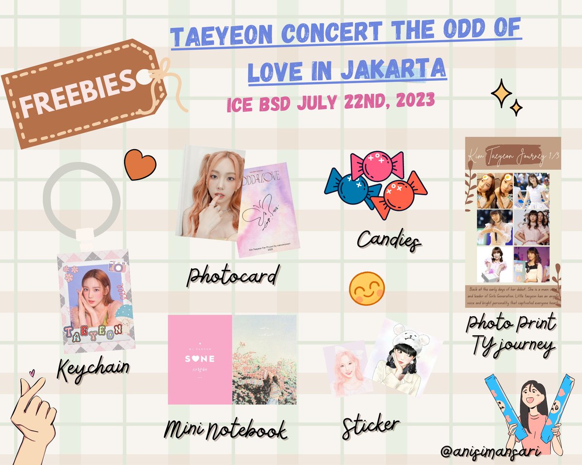 AnisImansari's tweet photo. Halo SONE! Aku mau bagi2 freebies di Taeyeon Concert The Odd of Love Jakarta nantii 🎀

By @AnisImansari

🗓 22 Juli 2023
📍 ICE BSD
⏰ TBA when arrive at venue

RT &amp; likes are appreciated 🤗
Sampai ketemu yaa! 😍🤗

#TAEYEON_TheODDOfLOVE_in_JAKARTA #TAEYEONCONCERT_TheODDOfLOVE https://t.co/x99iZ4ix65