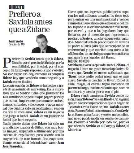 renaldinhos's tweet photo. El mítico "Prefiero a Saviola antes que a Zidane" de Santi Nolla cumple 23 años. La columna, una de las más recordadas de la historia del periodismo deportivo español, apareció publicada en la edición del 7 de julio de 2001 de Mundo Deportivo. https://t.co/YxbTpMqnWa