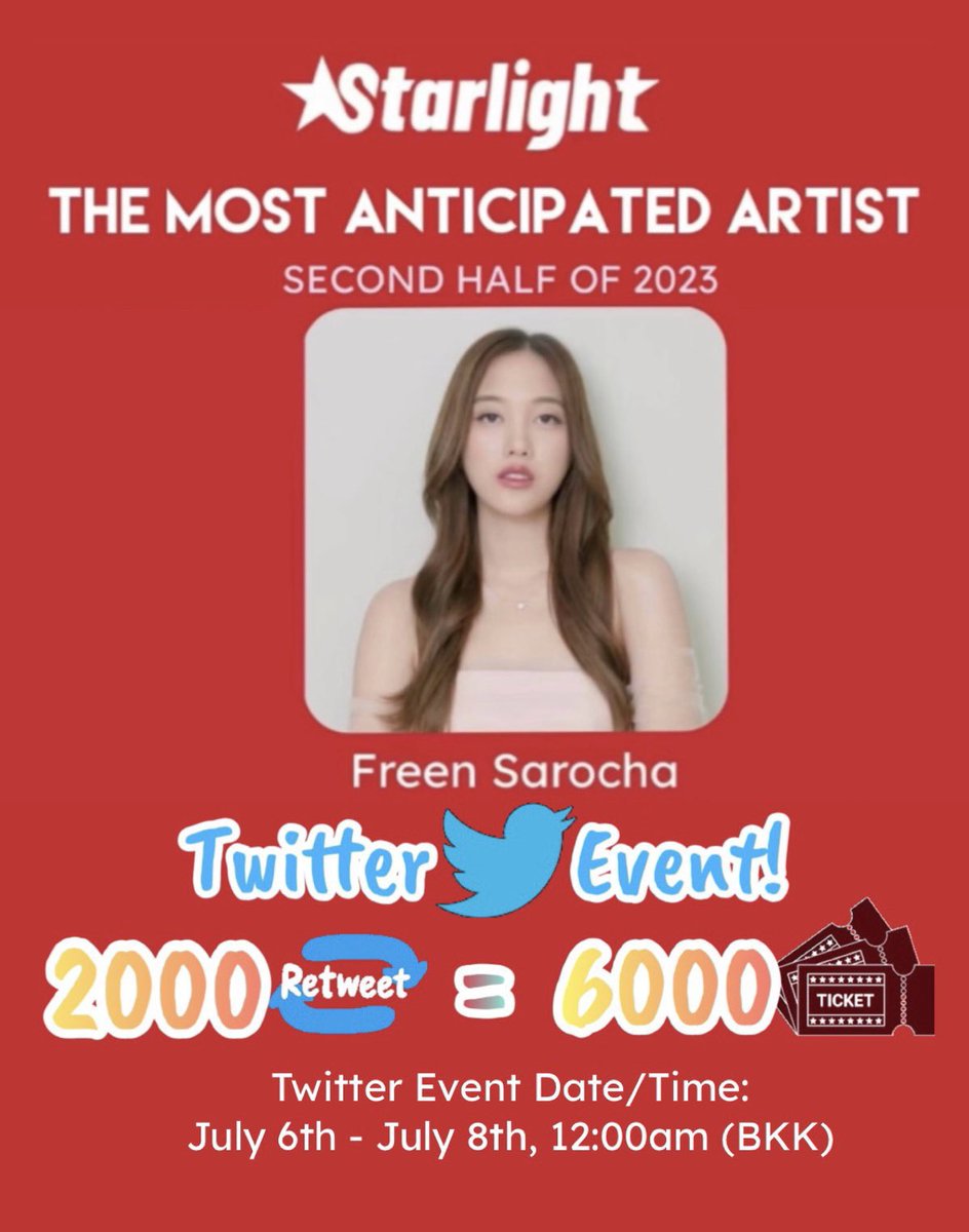 FreenIndonesia's tweet photo. TWITTER EVENT: Day 2

We invite everyone to vote for Freen for The Most Anticipated Artist Award from Starlight Awards.

2000 RTs = 6000 voting tickets 

🔗 https://t.co/Y1LNk4sZr0

Let’s do this for Freen!✨

#srchafreen 
#STARLIGHTAWARDS https://t.co/g8Ucr9XpkY