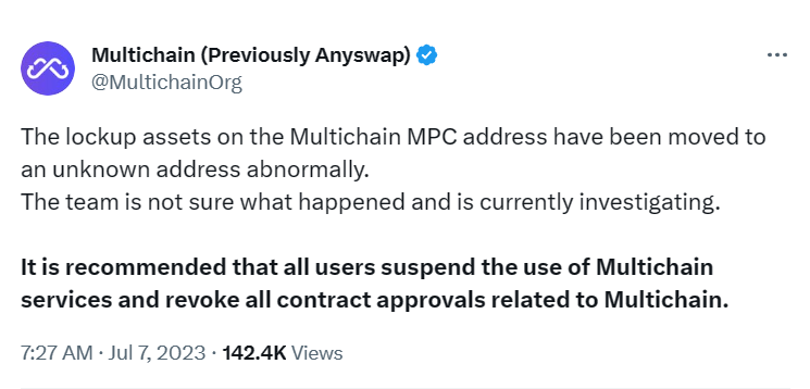 AegisWeb3's tweet photo. 🚨 Attention all Multichain users! Roughly $125M in assets have been abnormally transferred to multiple wallets. @MultichainOrg has locked the wallet addresses involved & is investigating the situation. We recommend all users to pause Multichain services & revoke any related contract authorizations.
#Multichain #SecurityAlert #Crypto