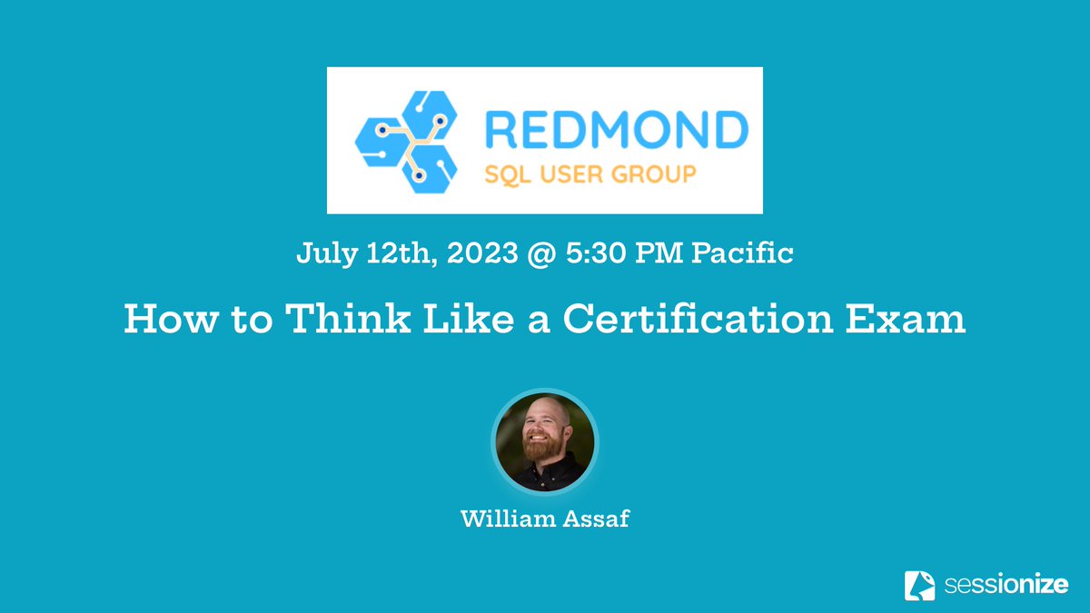 Redmond SQL User Group (@redmondsql) on Twitter photo Join us for our July 2023 user group meeting on Wednesday, July 12th, at 5:30 PM Pacific with William Assaf <a href="/william_a_dba/">William Assaf</a> - How to Think Like a Certification Exam.
RSVP: meetup.com/redmond-sql-us…
#AzureDataCommunity #SQLFamily Join us for our July 2023 user group meeting on Wednesday, July 12th, at 5:30 PM Pacific with William Assaf <a href="/william_a_dba/">William Assaf</a> - How to Think Like a Certification Exam.
RSVP: meetup.com/redmond-sql-us…
#AzureDataCommunity #SQLFamily
