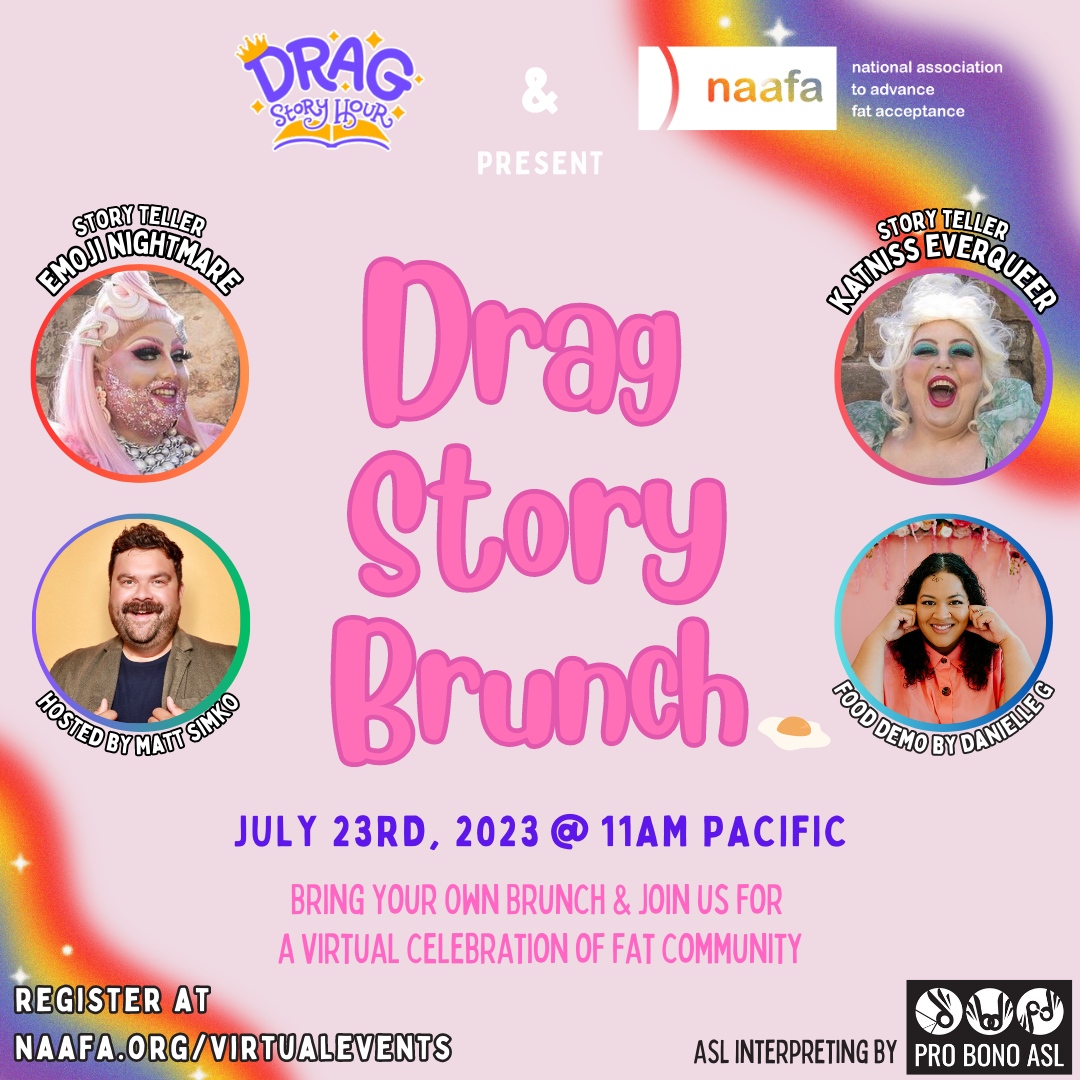 NAAFAofficial's tweet photo. NAAFA &amp; Drag Story Hour Present: Drag Story Brunch
July 23, 2023 at 11am PT

RSVP: https://t.co/MsfQeZys7R

Join us for a summer brunch-themed event filled with music, food, and fun! Hosted by @simkosays featuring @emojinightmare and @katnisseverqueer.vt and @Fashionably_Famished https://t.co/hTYpwLbmZO