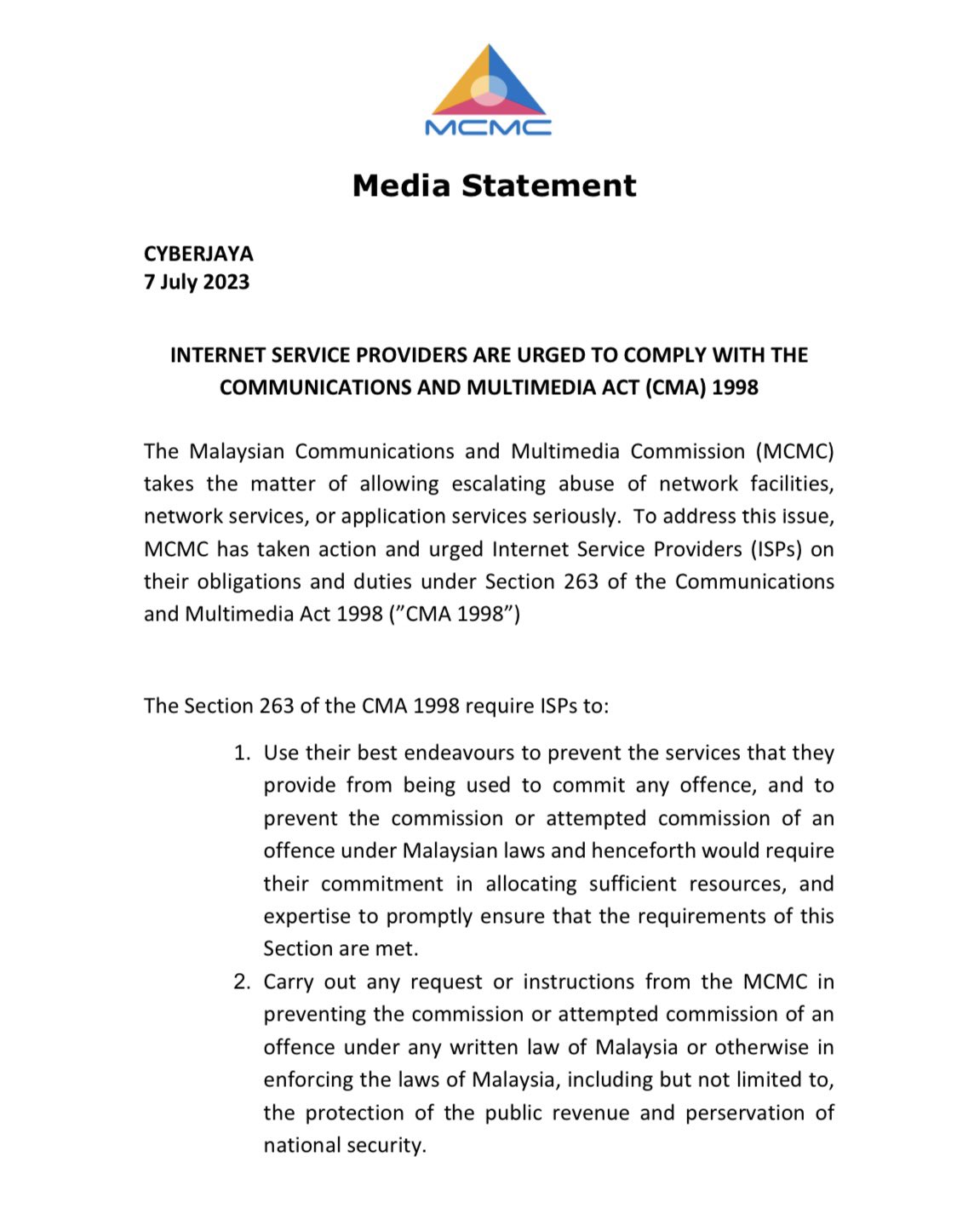 MCMC On Twitter MEDIA STATEMENT INTERNET SERVICE PROVIDERS ARE URGED mcmc-on-twitter-media-statement-internet-service-providers-are-urged