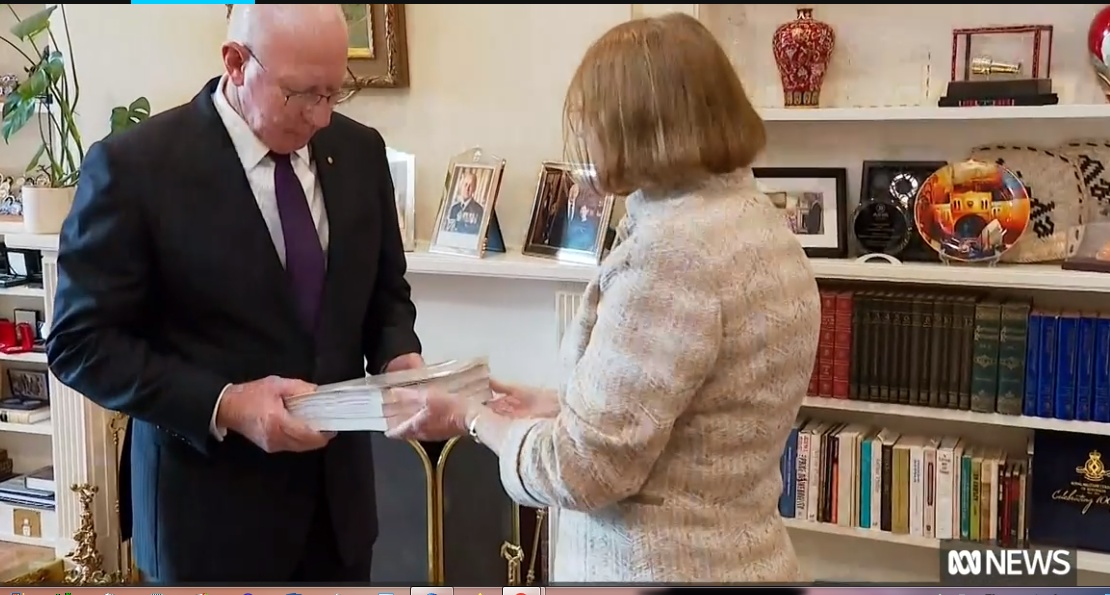 Thefinnigans's tweet image. BREAKING: The Commish has just handed to the GG, the score and script of a new musical called #RobotDebt - to be directed and produced by the GG with his wife Linda Hurley  in the lead role