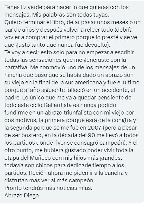 diegoborinsky's tweet photo. Dos lindos mensajes que recibí hoy de dos lectores de los libros del Muñeco, que ya me habían escrito cuando publiqué el Recargado (y puse esos mensajes en el Eterno, el último). Primero de  @execla https://t.co/6RbpaNgtYd