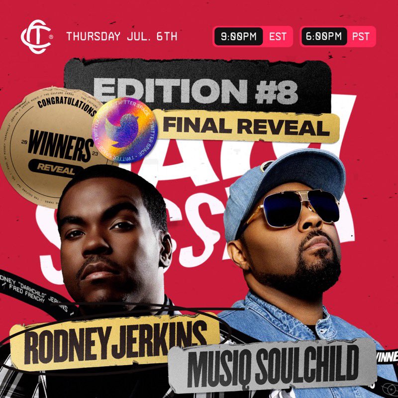 TONIGHT!! 🔊 Join Me LIVE TONIGHT, July 6th At 9PM EST on @fredfrenchy and @theculture_cards Twitter Space, Where I'll Be Joining My Brother @rodneyjerkins To Unveil The 15 Winners Of His Incredible 'Culture Tape Vol1' Competition. 🎶✨ DATE: July 6th TIME: 9PM E : 6PM P