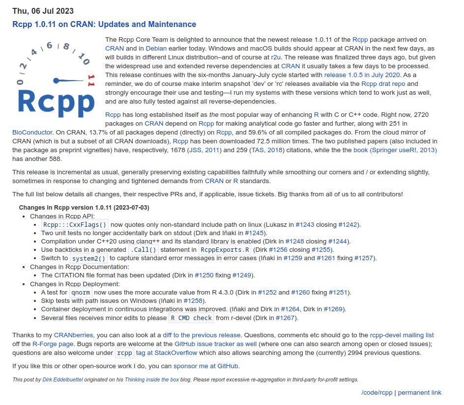 Rcpp 1.0.11 on CRAN: Updates and Maintenance
Seamless R and C++ Integration
dirk.eddelbuettel.com/blog/2023/07/0…
#rstats #rcpp

/cc <a href="/Enchufa2/">Iñaki Úcar</a> <a href="/kevin_ushey/">Kevin Ushey</a>