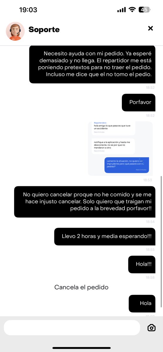 Gabrielin30's tweet photo. @RappiMexico @RappiMexico  necesito ayuda con mi pedido llevo cerca de 3 horas esperando y no llega. No me dan respuesta en soporte y estoy desesperado. Pésimo servicio. 😡 https://t.co/jvG4xVTY0W