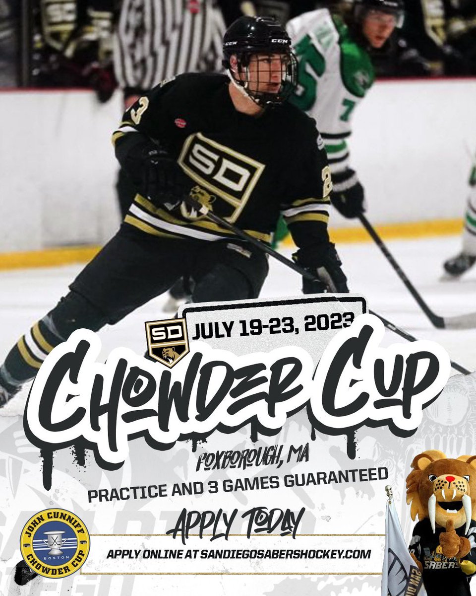 usphlsabers's tweet image. The re-opened Chowder Cup applications are closing soon!

Open to players born between 2003-2006.

For more information and to apply, visit sandiegosabershockey.com

#ChowderCup #SanDiegoSabers