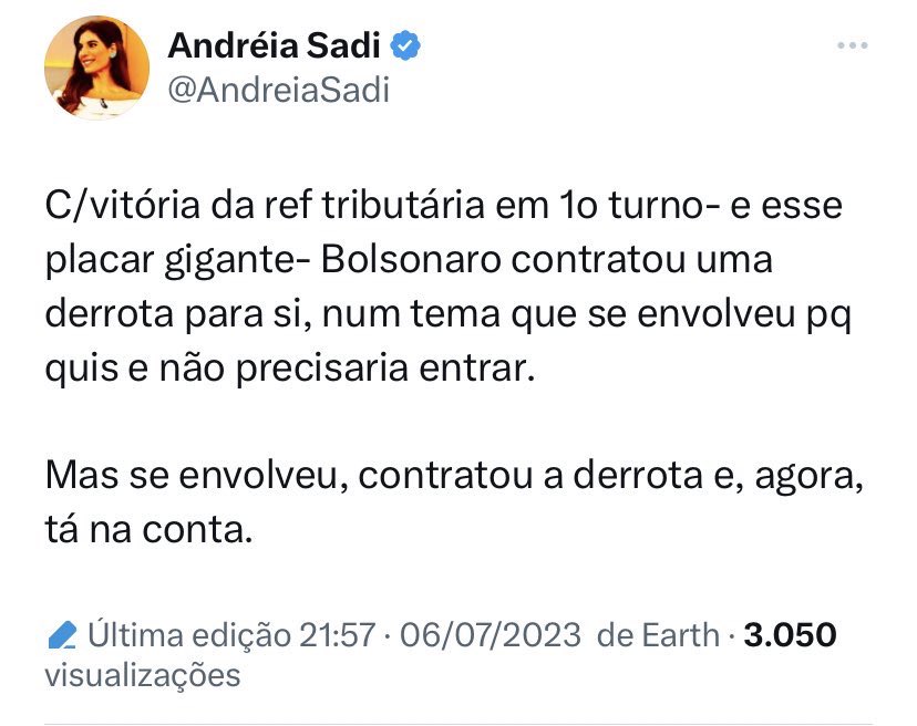 A derrota não é do Bolsonaro, a derrota é do Brasil.

Pelo povo brasileiro, mais uma vez ele se colocou contra esse Sistema Imundo, onde quem paga mais, sempre vence.

Algumas pessoas possuem valor, outras preço. 

Obrigada <a href="/jairbolsonaro/">Jair M. Bolsonaro</a> 🇧🇷👍🏻