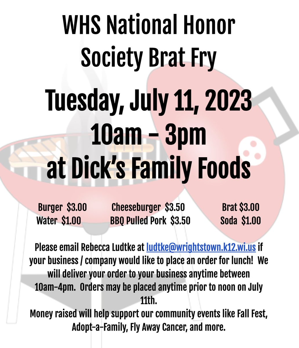 WrightstownCSD's tweet photo. Please join us for the #WCSDStrong National Honor Society Brat Fry! 🌭

Tuesday, July 11, 2023, from 10am - 3pm at Dick’s Family Foods.

See you there! https://t.co/nwmSgU3noq