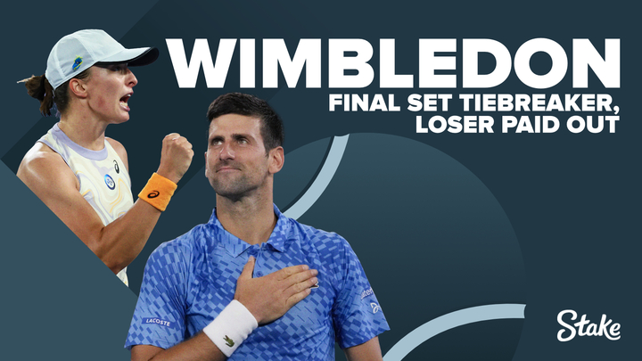 Stake's tweet photo. Things are starting to heat up at #Wimbledon as we near the second week of action 🔥

Back any player in the Winner market and if they make it to the final set of a match but lose in a tiebreaker, you’ll be paid out as a winner up to $100 💰

🔗: https://t.co/fafi8kbo5m https://t.co/9Oqnp8vKCQ