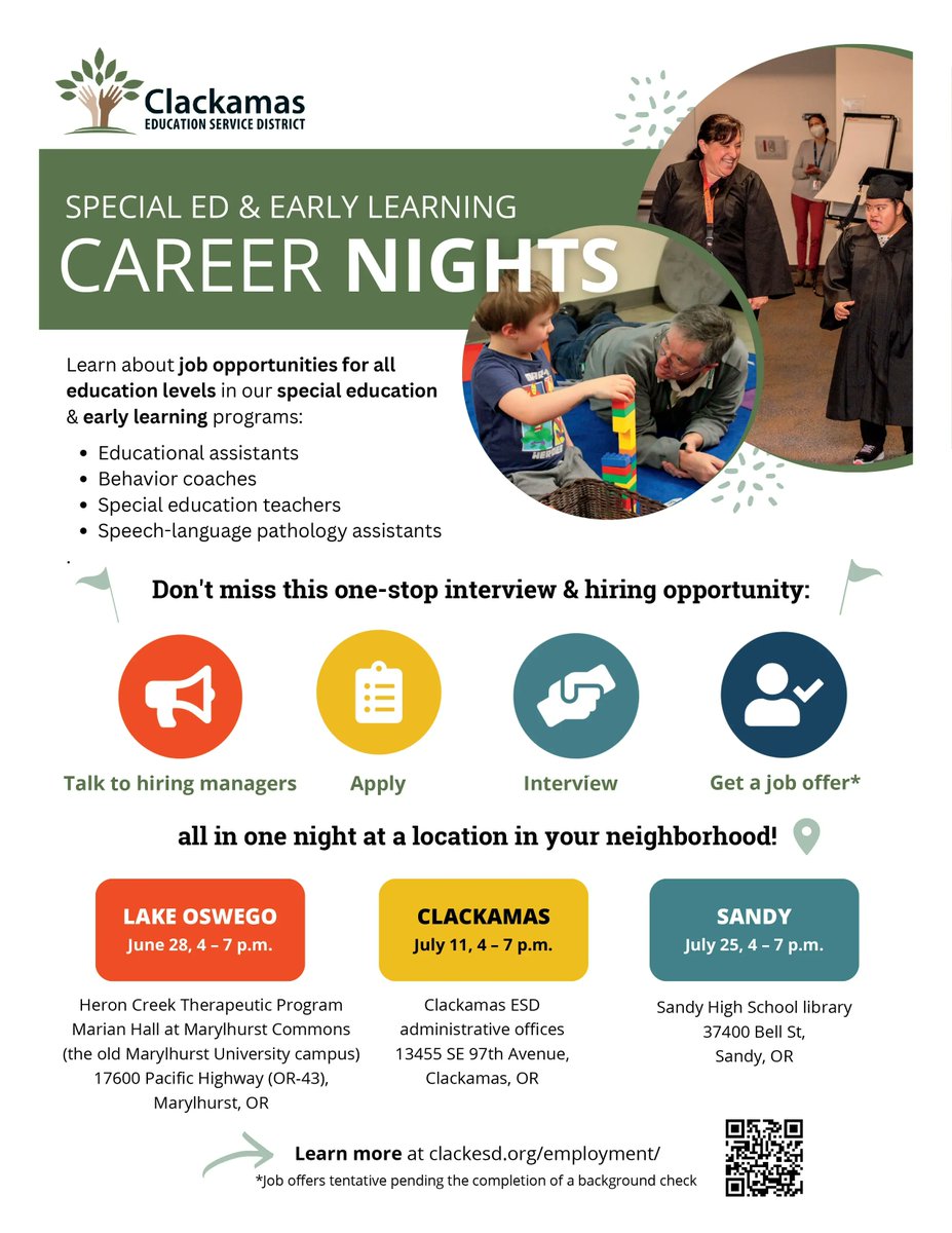 Join us 4-7 p.m. on Tue., July 11 for a one-stop interview and #hiring opportunity — you could land a job offer before dinner! Learn more about working at Clackamas ESD, and the career nights were hosting across #ClackamasCounty this summer on our website: buff.ly/3N3sfvq