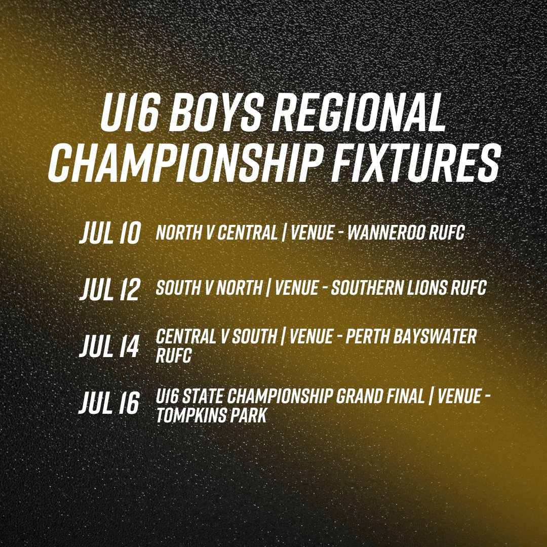 U16 Boys Regional Championship Fixtures 📅 #rugbywa 

Mid-week matches will kick off at 6 pm, and the weekend match will start at 11:30 am!