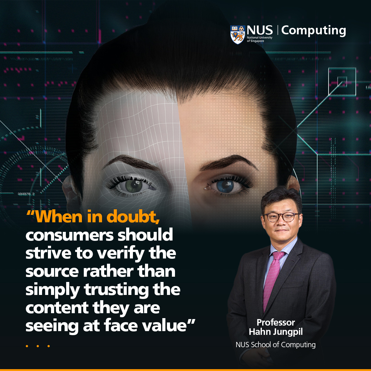 AI deepfakes 🤖 are becoming increasingly prevalent. See what #NUSComputing's professors Terence Sim and Hahn Jungpil have to say about this new, worrying trend. ST article📰: bit.ly/3NYSa93 LZHB article📰: bit.ly/3JOpc9w #AI #Deepfakes #meetourfaculty