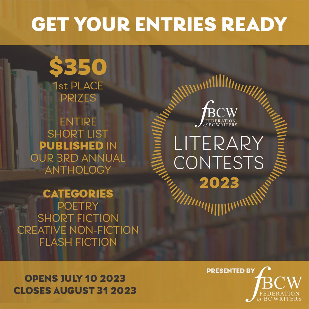 We are counting down the days to our annual FBCW Literary Contests!
For more information and to view the rules, visit: bcwriters.ca/contests2023

#fbcw #bcwriters #writingcommunity