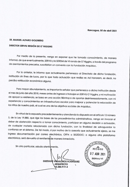 malfarogoldberg's tweet photo. Esclarecer que un asesor técnico de dicho Servicio era del directorio de Arquiduc y ante esto, en carta dirigida al director, se inhabilitó de cualquier aspecto relacionado a este convenio dos meses antes. Este funcionario NO era parte del área que supervisa estas iniciativas. https://t.co/M6zgnYNRIo