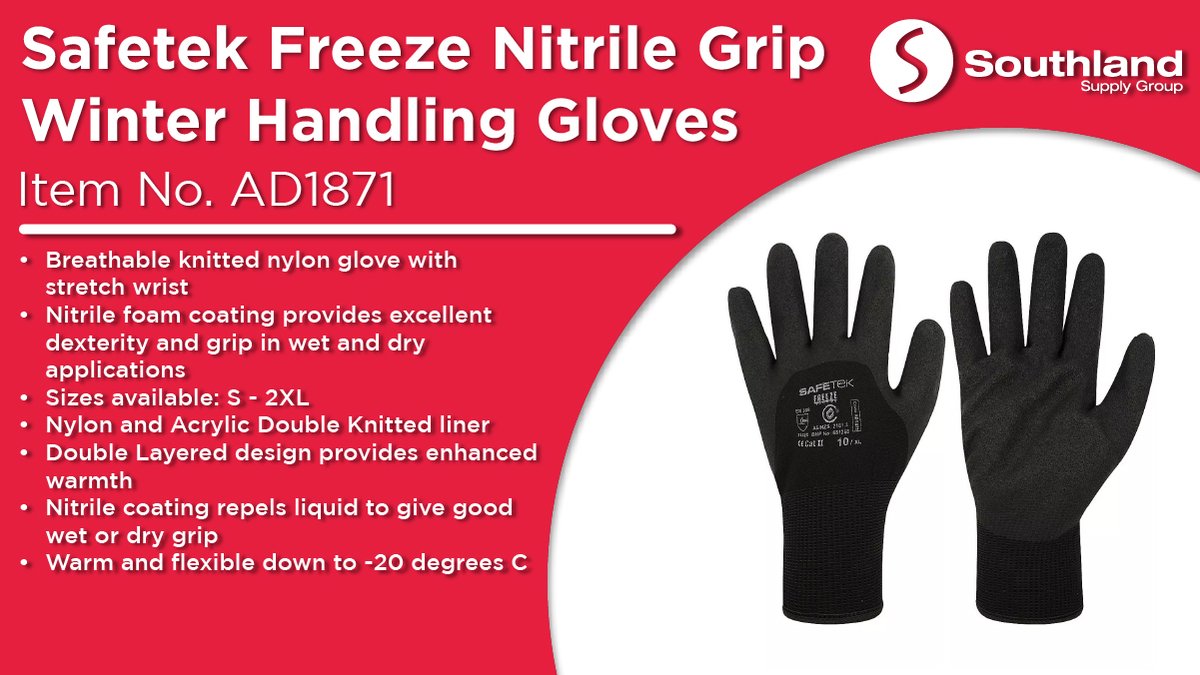 Stay safe this winter, and keep your hands warm with these cozy Freeze Nitrile Grip Winter Handling Gloves!  Now on SALE! 👉southland.com.au/safetek-freeze…

#southland #southlandsupplygroup #sitesafety #gloves #wintergloves #safetysupply #safetysupplyaustralia #safeworkplace