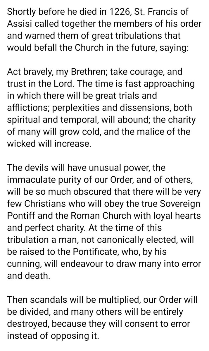 marymar49743095's tweet image. St. Francis of Assisi Prophecy:

“A Man, not Canonically Elected, will be raised to the Pontificate… In those days Jesus Christ will send them not a true Pastor, but a Destroyer.”