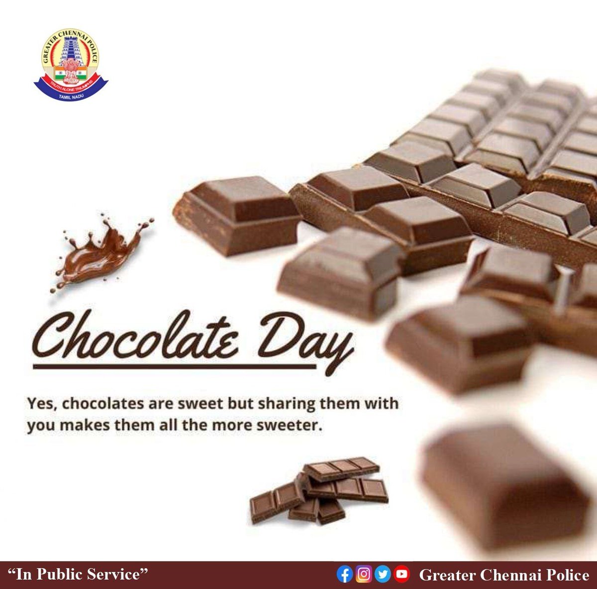 World Chocolate Day 🍫

#WorldChocolateDay #ChocolateDay #Chocolate #stress #nostress  #chocolatelovers #ChocolateLove
#GCPForYou  #InPublicService  #GreaterChennaiPolice #NeverOffDuty