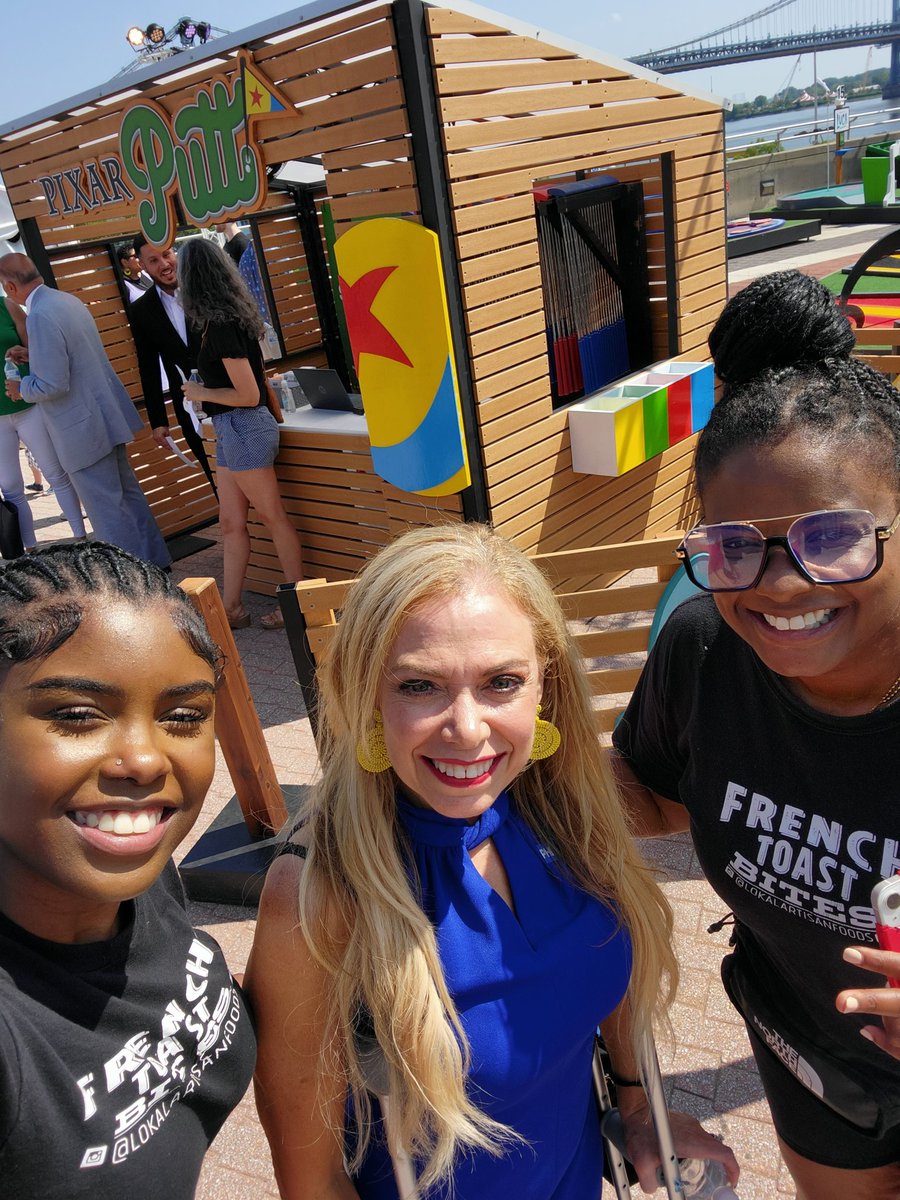 SheilaShowPHL's tweet photo. What a great way to start the☀️day. Checking out the new Philly pop-up @PixarPutt ⛳️ at @DelRiverWfront Penn’s Landing &amp; seeing friends.
Hey @jarreaujoy &amp; Charisse McGill #FrenchToastBites.
Congratulations Chad LaBree on the opening.🎉 Who's a Pixar fan?  #MyPhillyWaterfront https://t.co/P9v1VF3F49