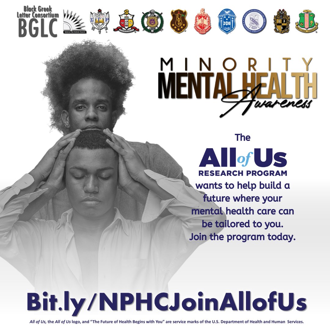 The All of Us Research Program wants to help build a future where your mental health care can be tailored to you. Learn more about the program today at bit.ly/NPHCJoinAllofUs. #joinallofus #bglc #AKA1908 #medicalresearch #blackmentalhealth #mentalhealthawareness