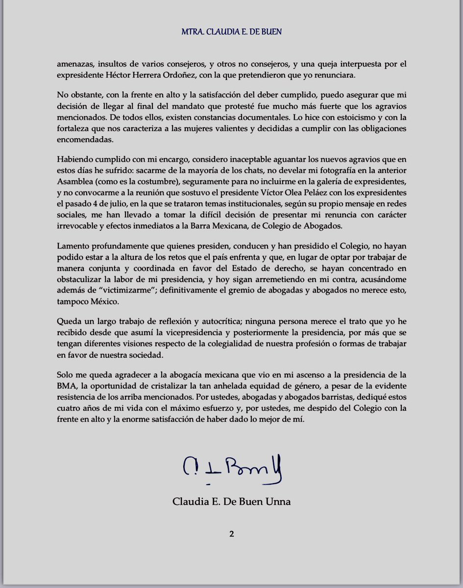 Mi renuncia. Gracias por sus múltiples muestras de apoyo u solidaridad.