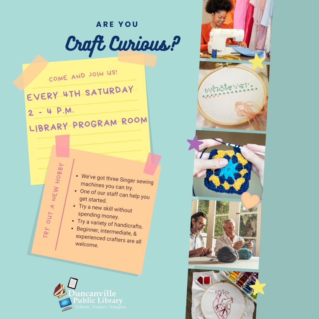 DuncanvillePL's tweet photo. Ever wanted to try out a crafting hobby but find knitting needles (&amp; sewing machines) intimidating? You are not alone! Join us for "Craft Curious" every 4th Saturday at 2 p.m. (July 22)  #DuncanvillePL #DuncanvilleTX https://t.co/7AQDQKhHEx