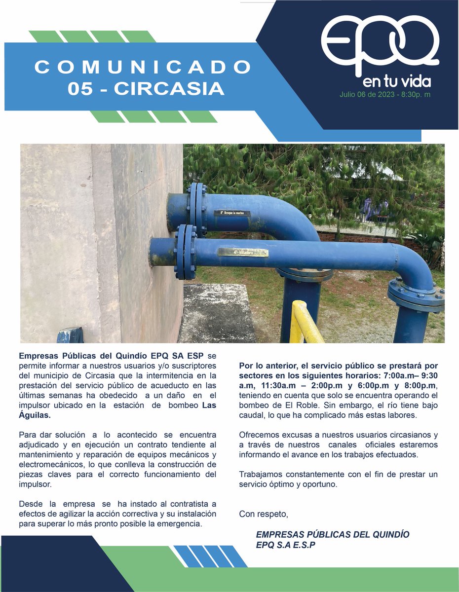 EpQuindio's tweet photo. #AtenciónCircasia | A nuestros usuarios circasianos le damos a conocer los detalles de la emergencia que hoy se presenta en la localidad con respecto a la prestación del servicio de acueducto. Ofrecemos excusas por los inconvenientes. 👨🏽‍🔧👷🏾👨🏽‍🔧 https://t.co/WTsylvFIpX
