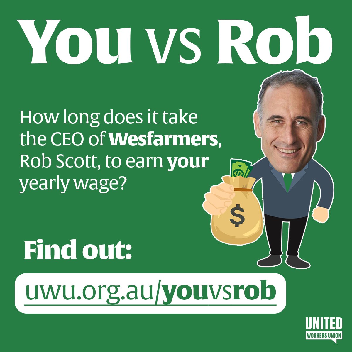 UnitedWorkersOz's tweet photo. All workers at #WesfarmersStrike want is a pay rise of $2.25/hr.  Yet Rob Scott, CEO of @Wesfarmers won't give them a cost-of-living increase. 

Has @R_Scott88 got change? And how do your wages compare? 
Use our calculator: https://t.co/vV1cNEWlhN

#AusUnions #ScottsGotChange https://t.co/pMzW4MQu3U