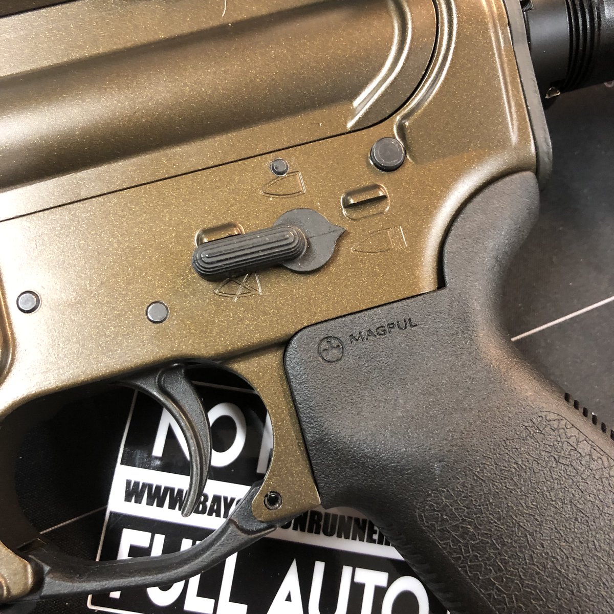 OzarkFirearm's tweet photo. #GunKote Burnt Bronze.  The third hole was an afterthought.  Took this "budget" AR and coated it.  Drilled #thirdhole and have been running the snot out of it #fullauto for countless rounds, mostly #suppressed.  Rather impressed to say the least. https://t.co/6Svfo88akQ