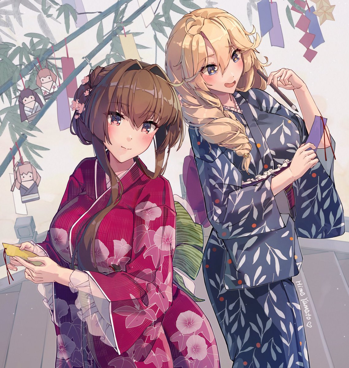 iowa (kancolle) ,yamato (kancolle) multiple girls kimono japanese clothes blonde hair long hair brown hair tanabata  illustration images