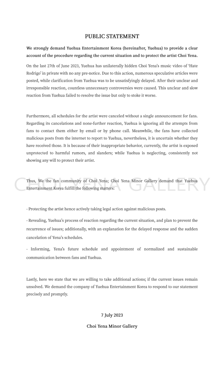 We strongly demand Yuehua Entertainment Korea  to reveal the to provide a clear account of the procedure regarding the current situation and to protect the artist Choi Yena.