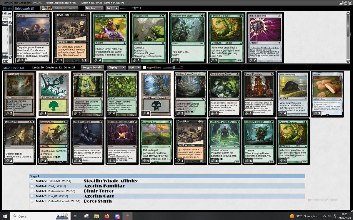Segunda etapa da liga pauper da nossa LGS

4-0 Black Gardens

2x1 Wall Combo
2x0 Heroic
2x1 UB Terror
2x0 Heroic

 <a href="/A_AdeptoTerra/">Alessandro Moretti</a> list

Fiz 3 alterações main/side pro meta da nossa loja