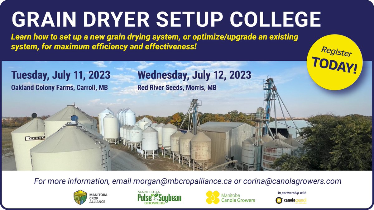 Join us this week for Grain Dryer Setup College! Learn how to set up a new grain drying system or optimize/upgrade an existing system for maximum efficiency and effectiveness #MBAg

Registration closing soon eventbrite.ca/e/grain-dryer-…

<a href="/mb_cropalliance/">Manitoba Crop Alliance</a> <a href="/MbPulseGrowers/">MPSG</a> <a href="/canolacouncil/">Canola Council of Canada</a>