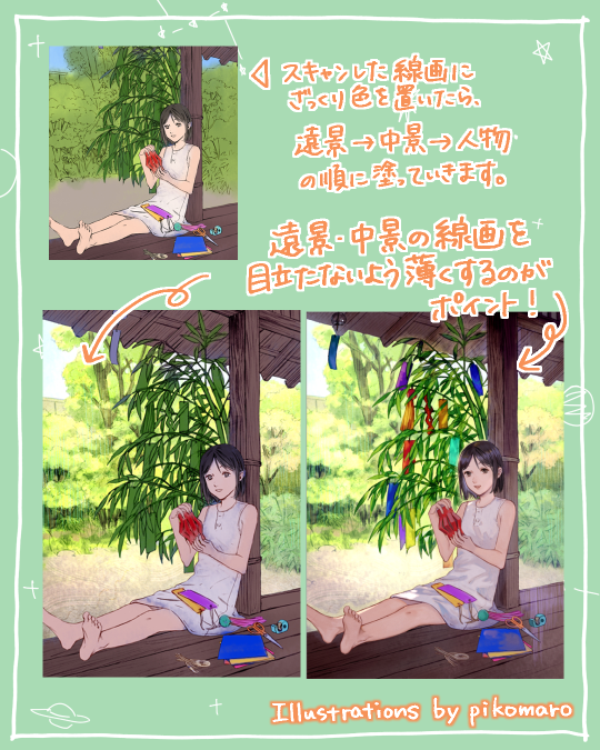 きょうは #七夕🎋

pikomaroさんの、七夕イラストのメイキングをご紹介します☺️

大きめの背景を描くときに役立つテクニック✍

遠景・中景の線画は不透明度を下げると全体がなじみ、奥行きが出やすいですよ✨

フルメイキングはこちら!
▶https://t.co/M6726OkxJV 
