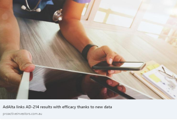 AdAlta1AD's tweet photo. @AdAlta1AD (ASX: 1AD) CEO &amp; MD Dr @TimOldhamAU talks to @proactive_au's Elisha Newell following today’s ASX announcement that new AD-214 data links preclinical animal &amp; Phase I human results with efficacy &amp; de-risks the Phase II dosing schedule. Watch:https://t.co/TqDIwLmjSy $1AD https://t.co/o00IBsd2M6