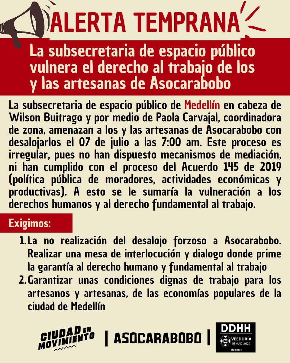julidelila's tweet photo. #AlertaTemprana | La subsecretaria de espacio público vulnera el derecho al trabajo de lxs artesanas de Asocarabobo, amenazando con desalojarlos el 07 de julio. Es urgente la garantía de los derechos humanos y el derecho fundamental al trabajo.
@wilsonabuitrago @AlcaldiadeMed https://t.co/sqt9an4hRK
