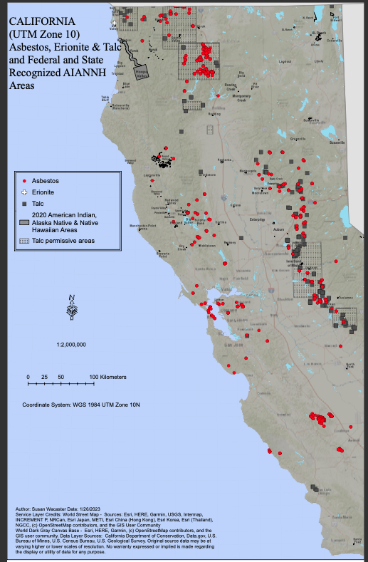 IAmAThinkTank's tweet photo. #asbestos #erionite #talc #AIANNH #California Locations of known #asbestos #erionite and #talc minerals with AIANNH areas in California https://t.co/MFRmIzjFqW