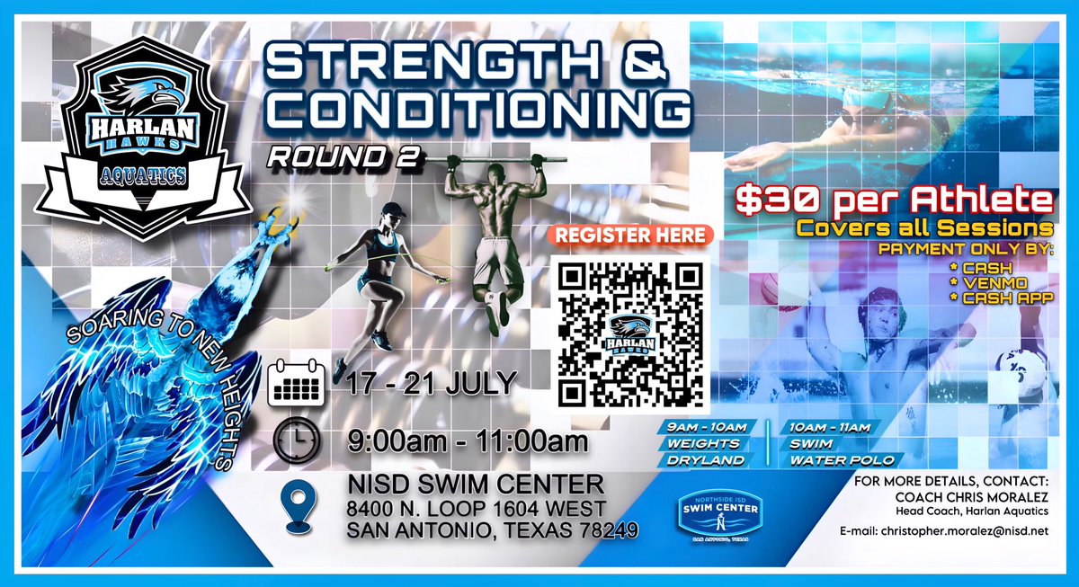 July 17-21 (9th-12th graders) Harlan Hawks Aquatics Strength and Conditioning Rd 2 from 9-11am! #talonsup @NISD @NISDHarlan @harlanhawkmedia @harlan_coundept @HarlanPtsa