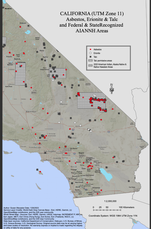 IAmAThinkTank's tweet photo. #asbestos #erionite #talc #AIANNH #California Locations of known #asbestos #erionite and #talc minerals with AIANNH areas in California https://t.co/U5aM1sYyIV