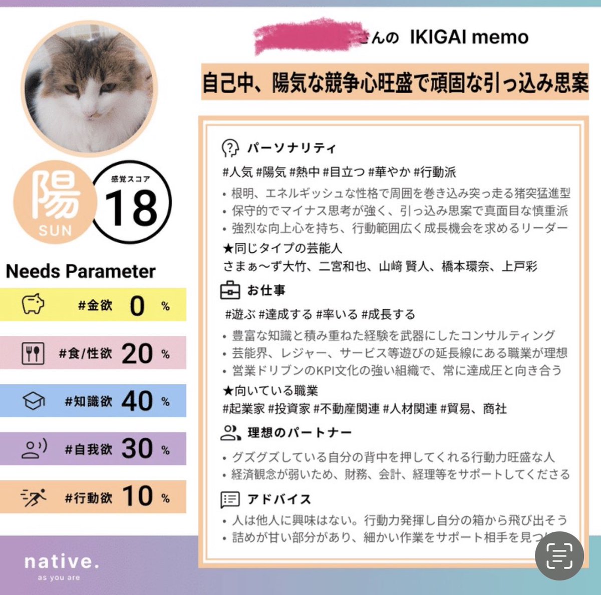 #IKIGAImemo

@benative14 さんのやってみた！！！
旦那には合ってるって言われて笑った😂wwwwww
主に「頑固な引っ込み思案」なとこがwwww

感覚スコアってなんやろ！！！ https://t.co/OA02twy9Rg