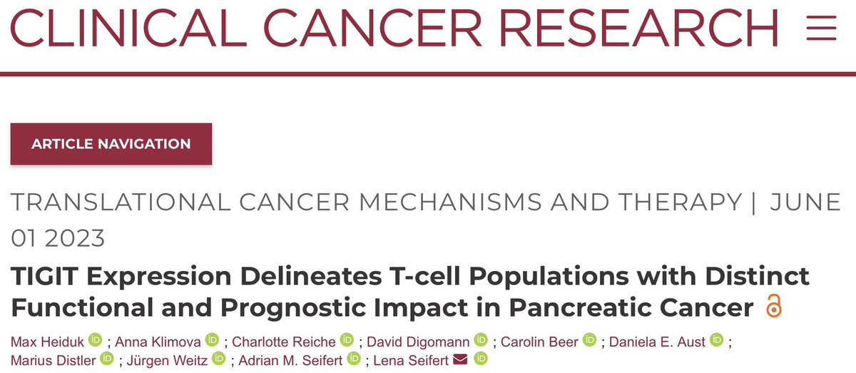 We are pleased that our new research on the role of TIGIT in #PancreaticCancer is highlighted in the current issue of @CCR_AACR. 
Full article: aacrjournals.org/clincancerres/…
#Pancsm #Immunology #Oncology
@Medizin_TUD @NCT_UCC_DD @DKTK_