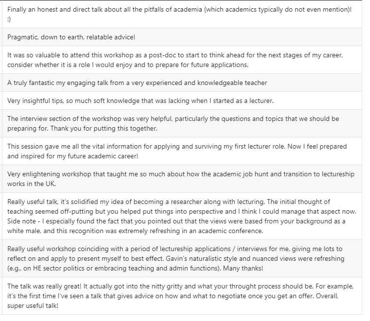 Some feedback from this, shared with permission. If you think #phd students, #postdoc, and other #ECR academics at your university would benefit from a half-day workshop focussed on getting academic jobs and thriving in the role of a lecturer, get in touch