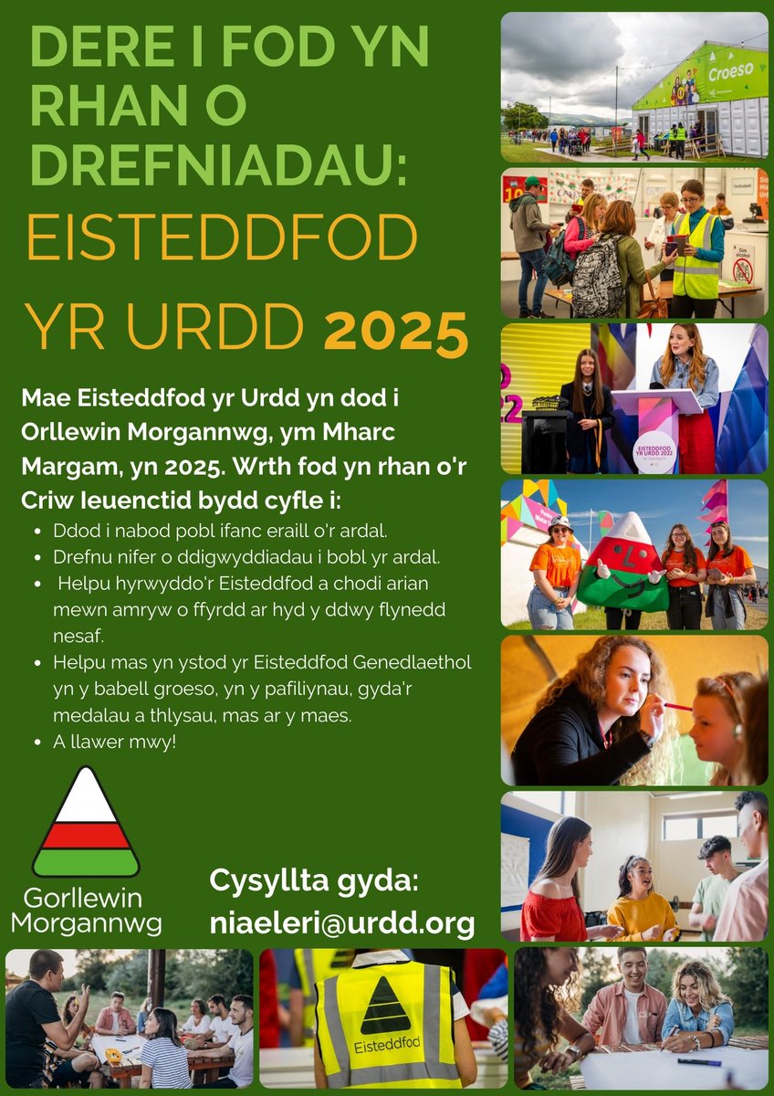 Wyt ti mo'yn bod yn rhan o drefniadau <a href="/EisteddfodUrdd/">Eisteddfod yr Urdd a’r Celfyddydau</a> 2025 yma yn ein rhanbarth ni? 😀 
Cyfle i ddod i nabod pobl ifanc eraill, trefnu nifer o ddigwyddiadau, helpu hyrwyddo'r Eisteddfod, helpu ar y maes a llawer mwy! 
Cysyllta gyda: niaeleri@urdd.org