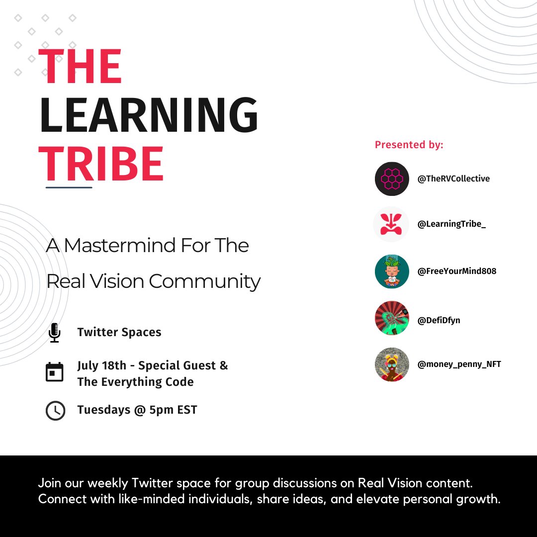 🧠 The Learning Tribe 🧠

Join our <a href="/RealVision/">Real Vision</a> Community Space!

We are excited to welcome a special guest. Trust us when we say, you don't want to miss this space! 

⏰ Set Reminder + Like + RT ⏰