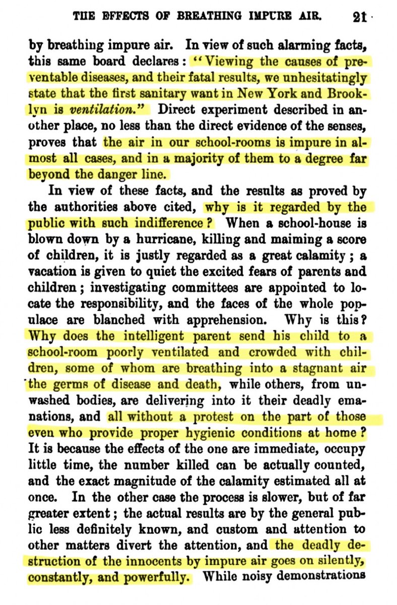 The Ventilation and Warming of School Buildings
G.B. Morrison, 1887

“Why is it regarded by the public with such indifference?”

“Why does the intelligent parent send his child to a school-room poorly ventilated (…) breathing into a stagnant air the germs of disease and death.”