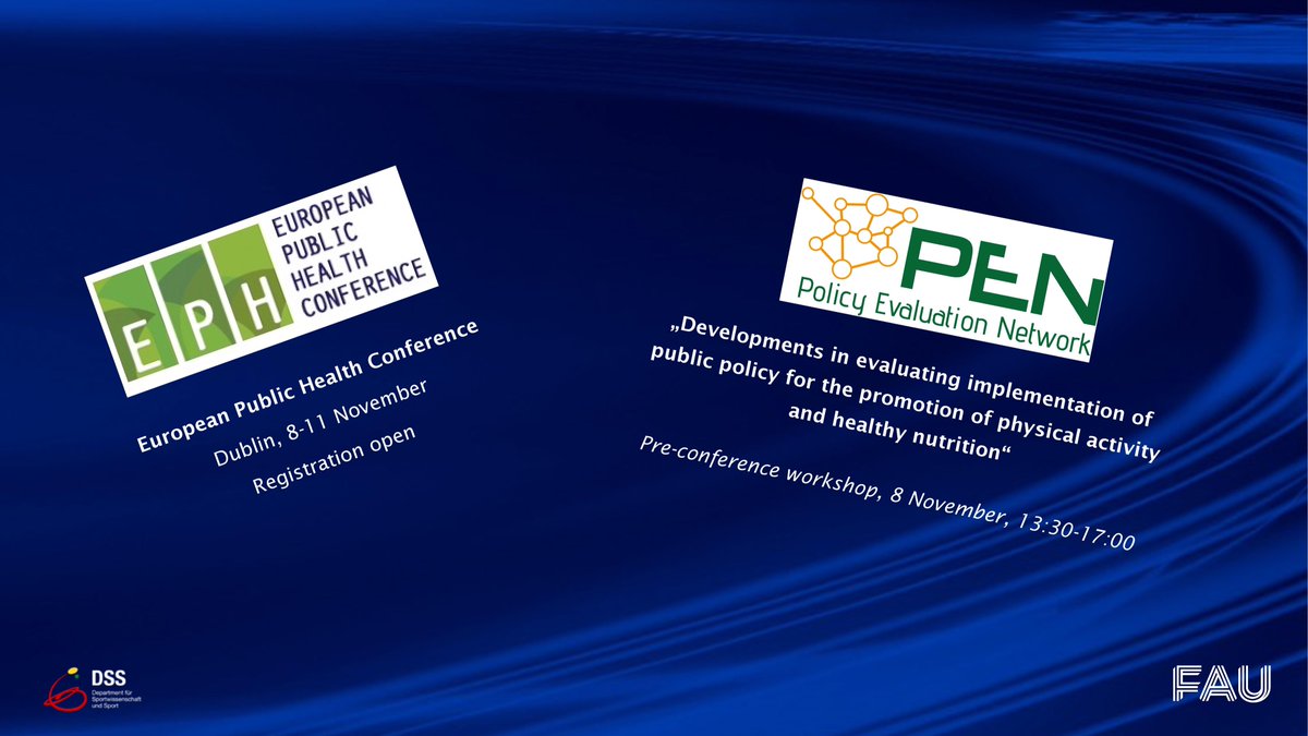 Based on results from <a href="/PEN_EU1/">Policy Evaluation Network (PEN)</a>, a pre-conference workshop on evaluating public #policy implementation will take place at <a href="/EPHconference/">EPH Conference</a>. We hope you can attend, see you in #Dublin!
#PhysicalActivity #Nutrition <a href="/PAfH_UL/">Physical Activity for Health Research Centre @UL</a> @BIPS_Bremen <a href="/amsterdamumc/">Amsterdam UMC</a> <a href="/WURconsumption/">Consumption and Healthy Lifestyles</a> <a href="/UCCPublicHealth/">UCC School of Public Health</a>