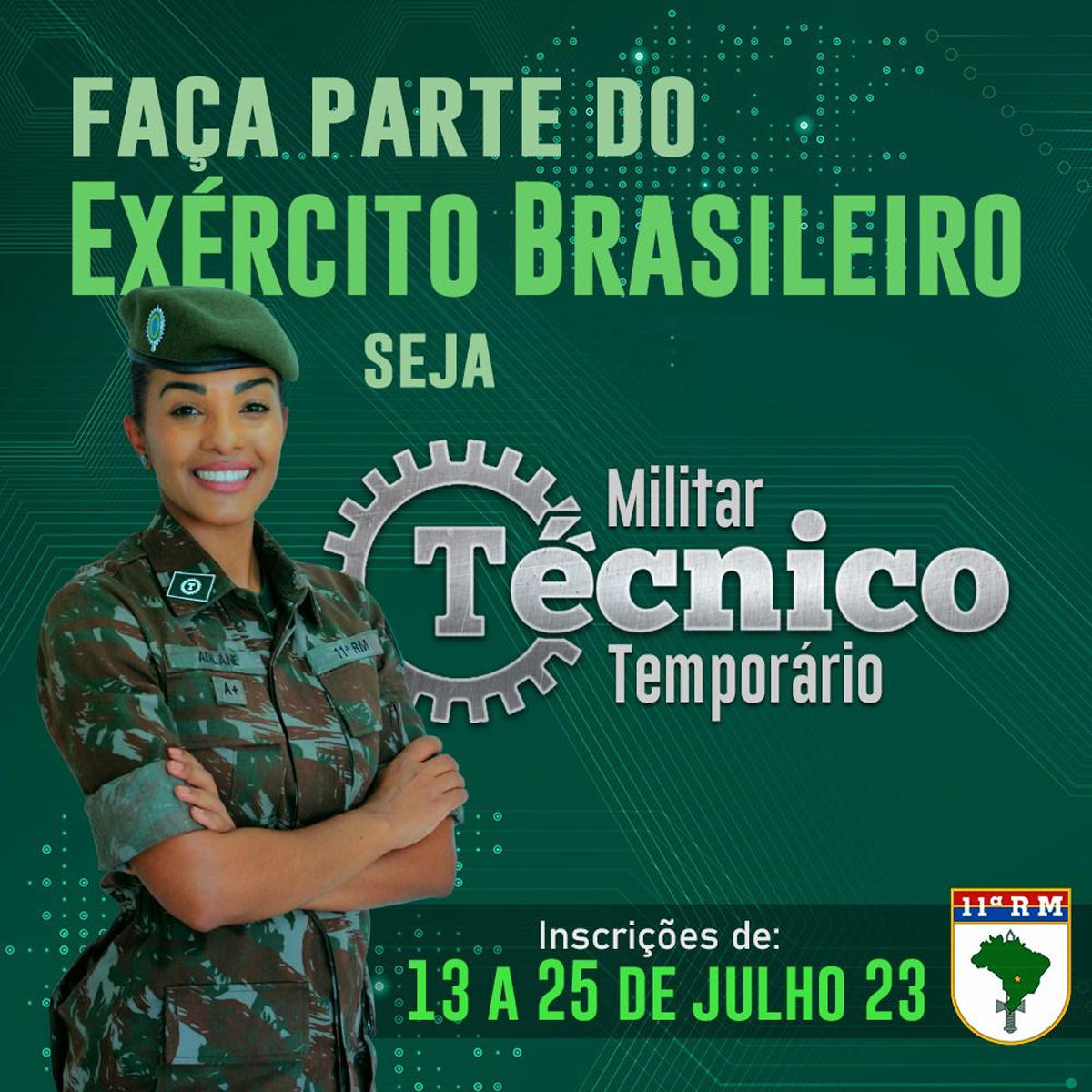 Exército Brasileiro 🇧🇷 on X: Estão abertas as inscrições para processo  seletivo de Militares Técnicos Temporários na 11ª Região Militar. As  inscrições vão até 25 de julho de 2023. Para mais informações