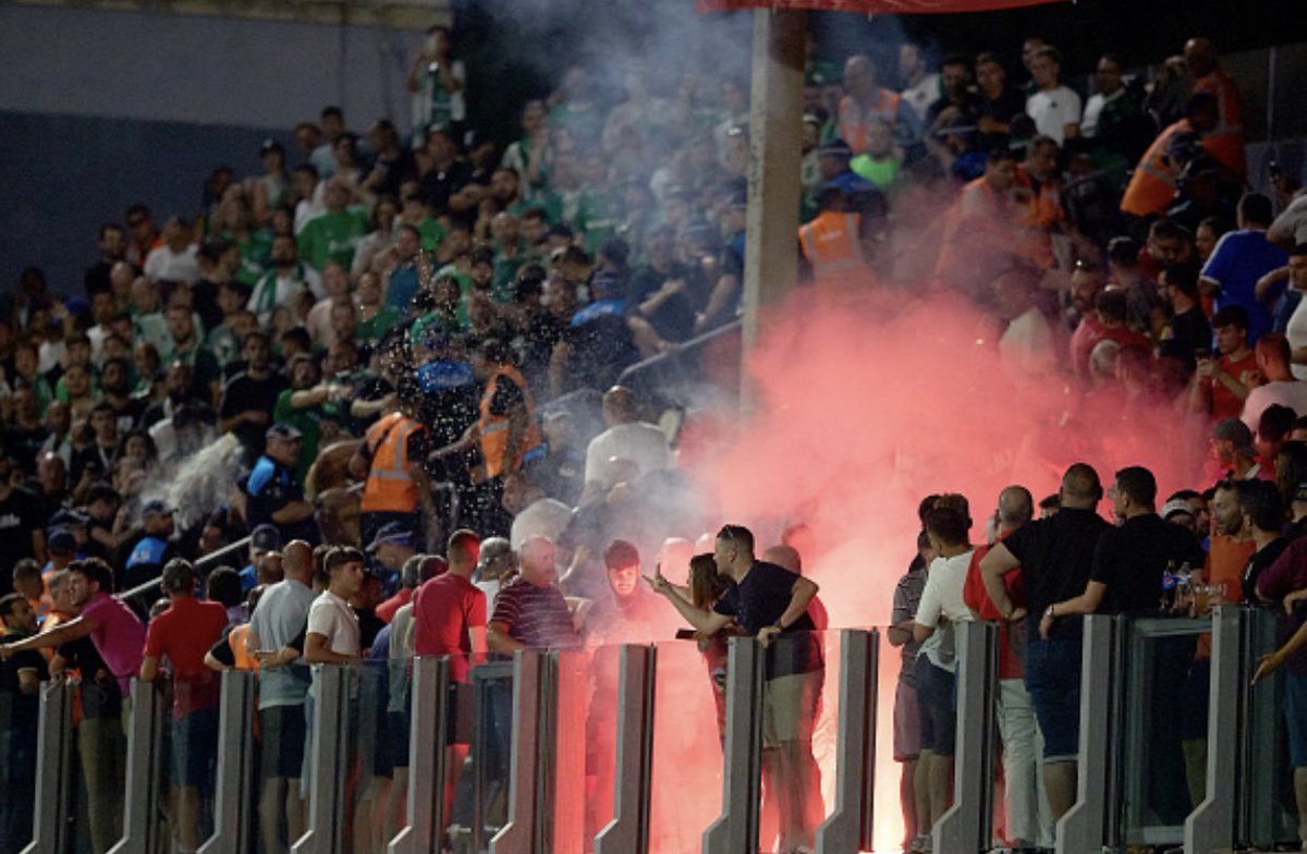 Five isr*elis were arrested as a result of Maccabi Haifa fans throwing flares and other objects onto the football pitch following supporters of the Maltese team Hamrun Spartans' chants of 'Palestine, Palestine.'